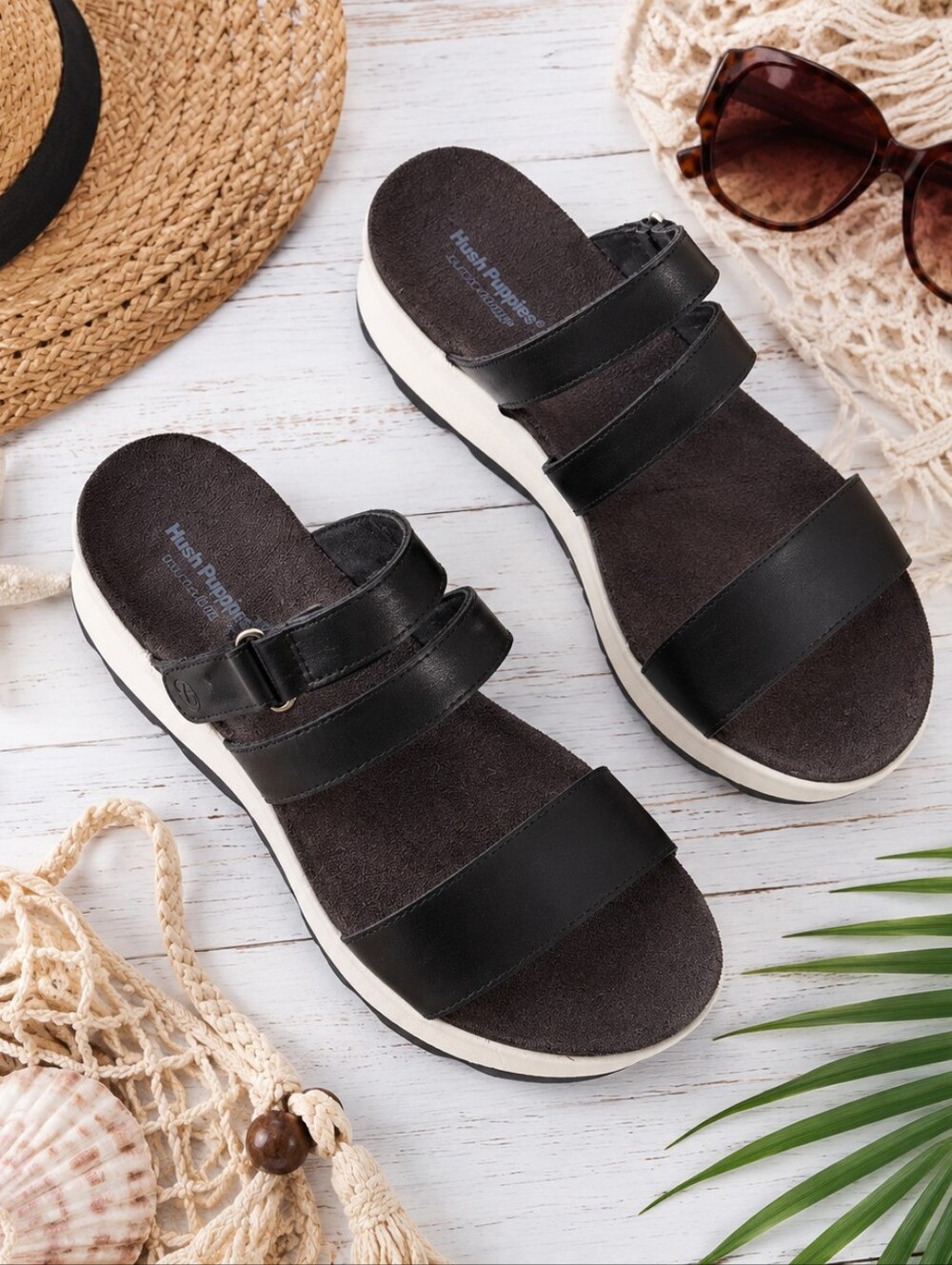 Hush Puppies Black Women's Size 7: Three-Strap Slide Sandals White Platform NEW